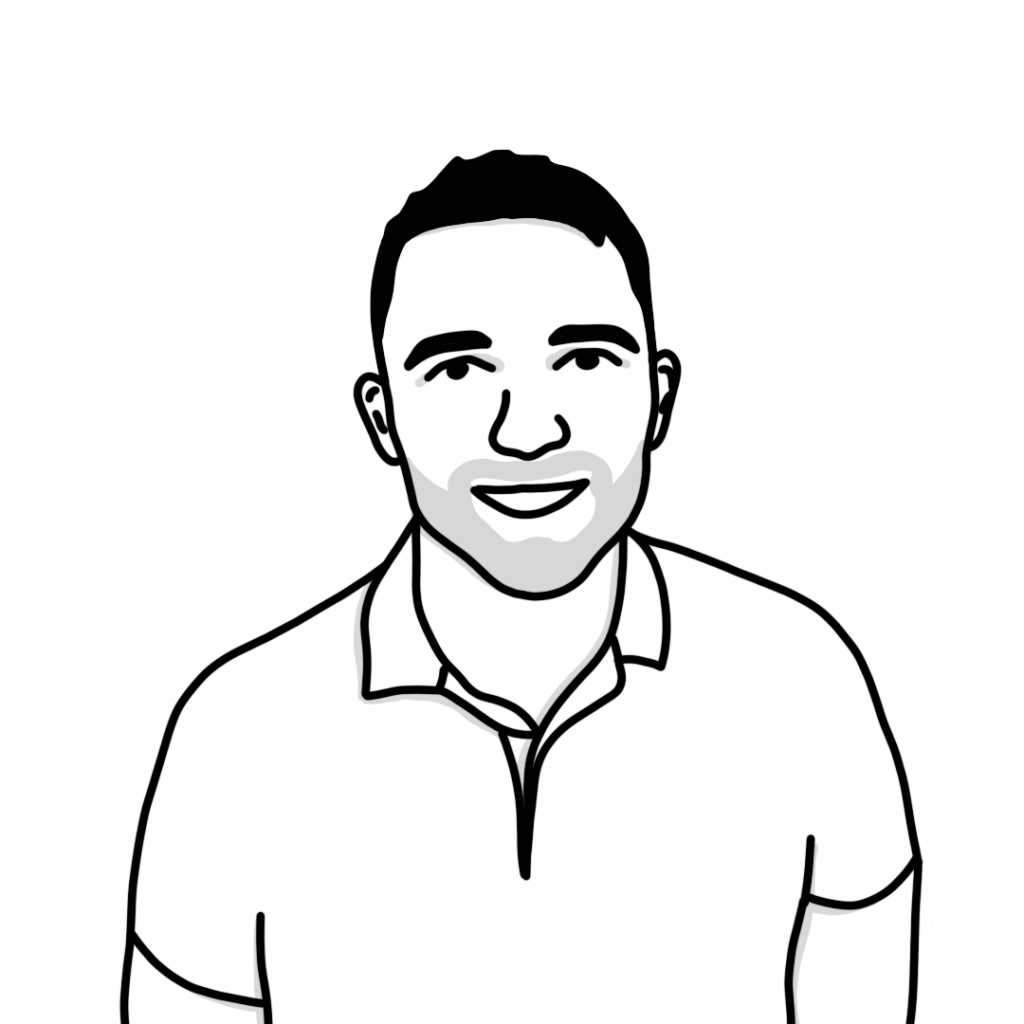 Black and white drawing of a man with short hair, smiling