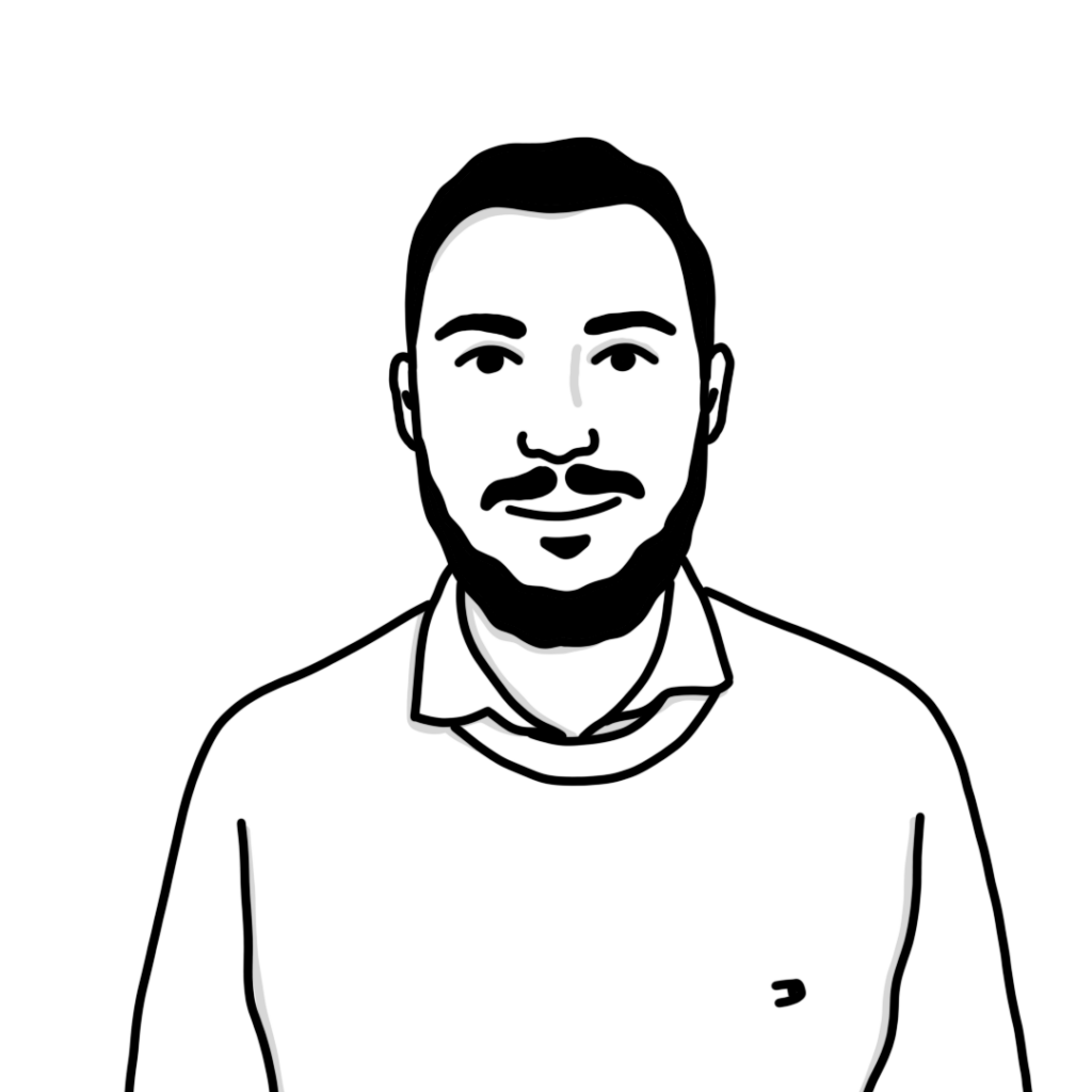 Black and white drawing of a man with short hair and a beard, smiling
