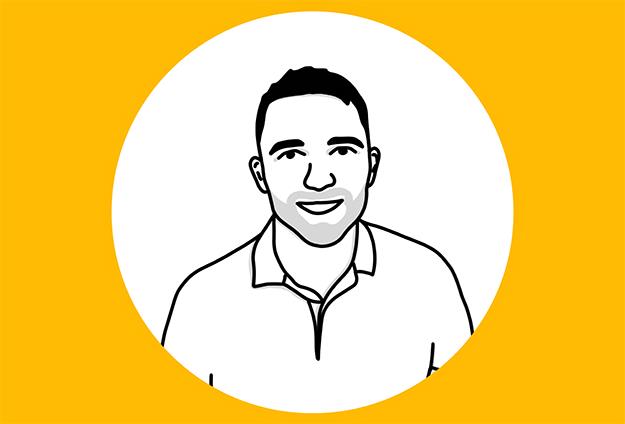 Black and white drawing of a man with short hair, smiling with a yellow background