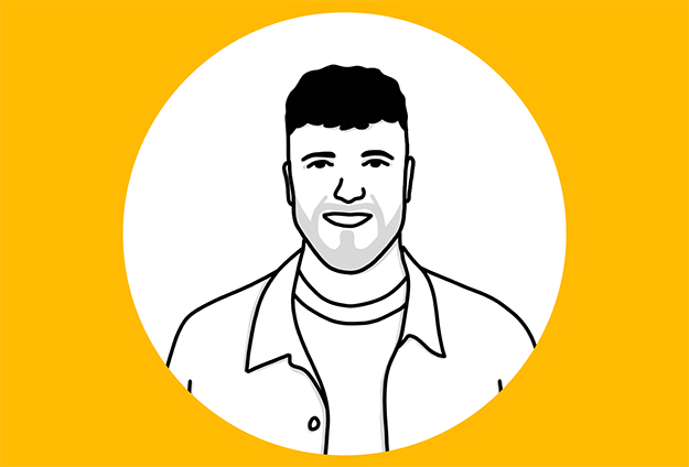 Black and white drawing of a man with short hair, smiling, in a white circle, on a yellow background